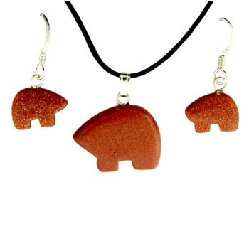 13X9/21X16mm Brown Goldstone Man Made Zuni Bear Pendants & Earrings