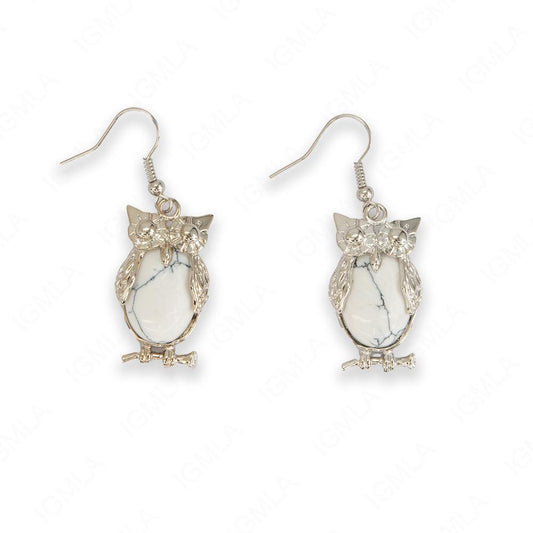 White Howlite Oval Owl Earrings