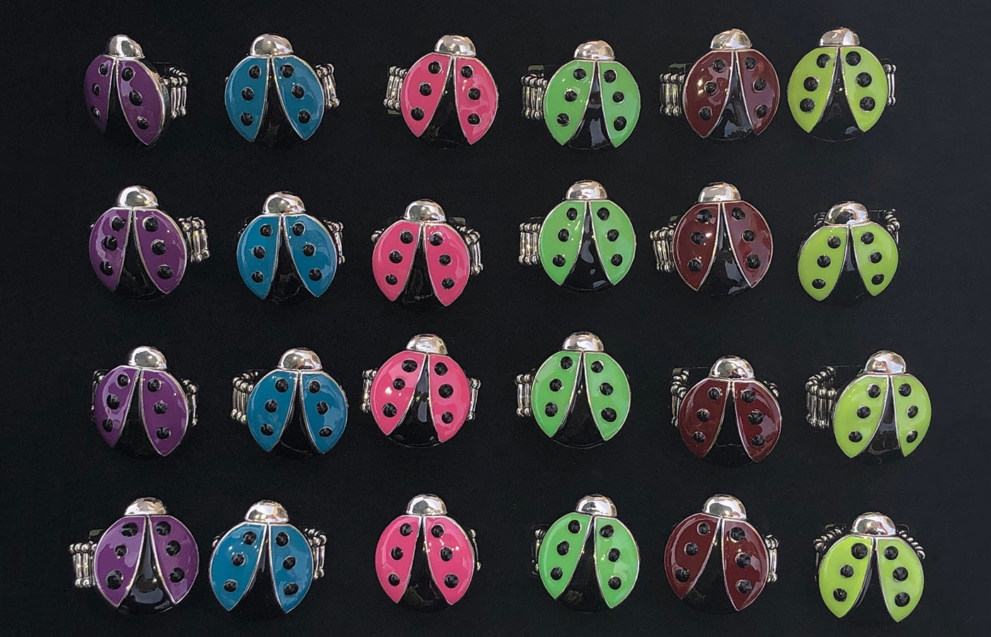 Yellow, Red, Pink, Purple, Blue, Green Lady Bug Rings 24 Pc Box