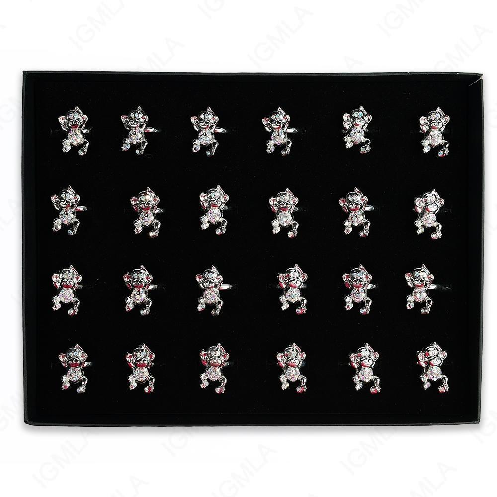 Rainbow Rine Stone Monkey Rings 24 Pc Box