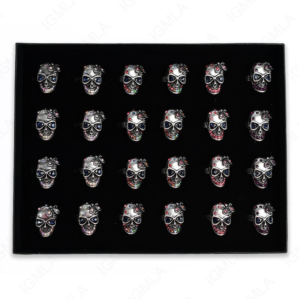 Burnish Silver Plated Ab Clear 8Pc Multi Skull Rings 24 Pc Box