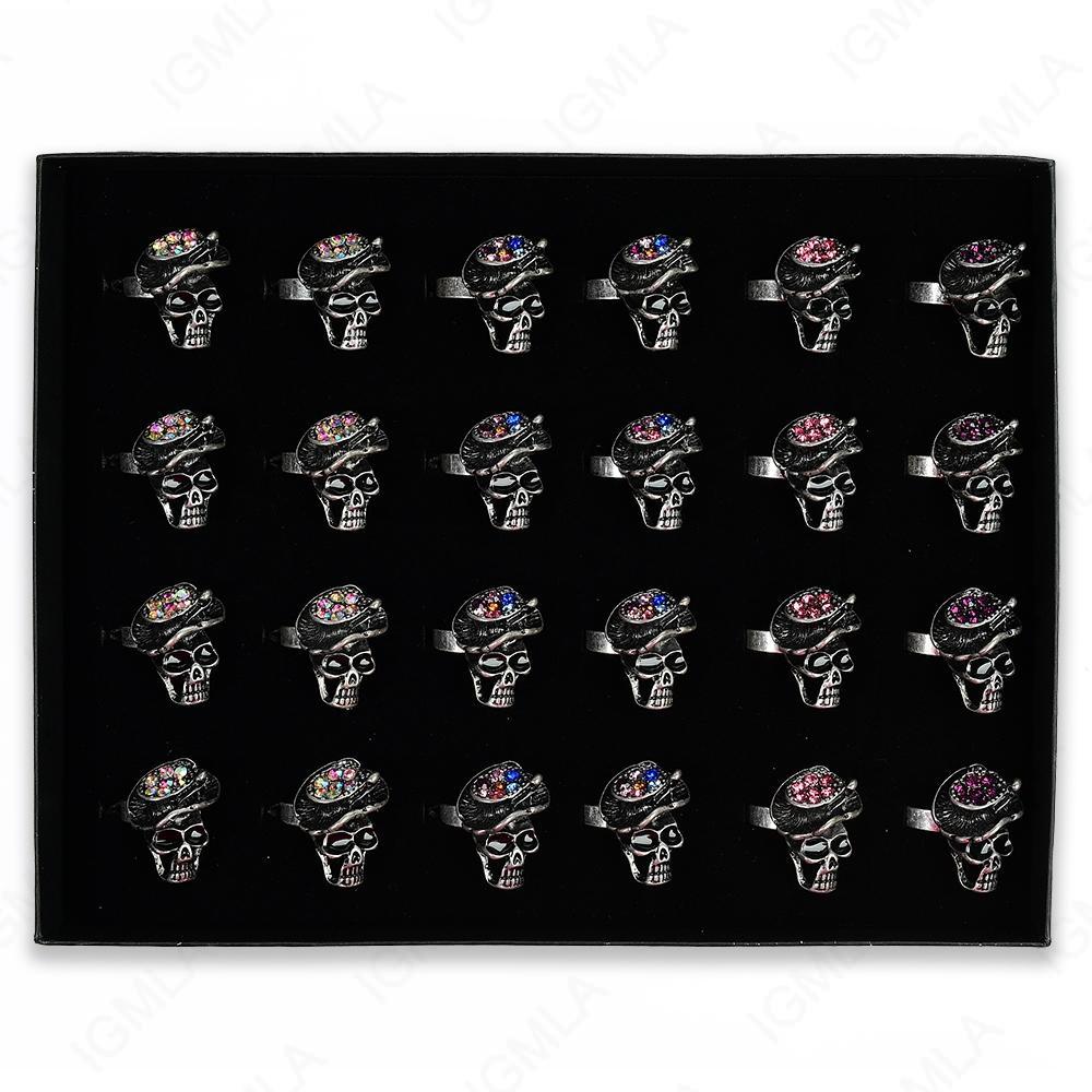 Burnish Silver Plated Ab Clear 8Pc Multi Skull Rings 24 Pc Box