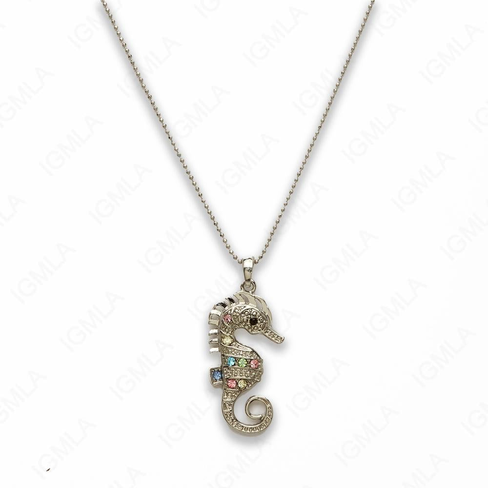 Zinc Alloy Multi Rhinestone Silver Plated Sea Horse Necklace