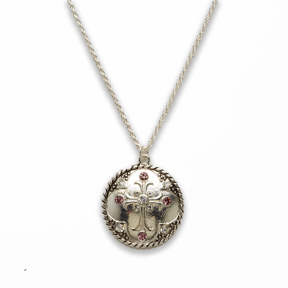 Zinc Alloy Purple & Crystal Rhinestone Silver Plated Cross Necklace