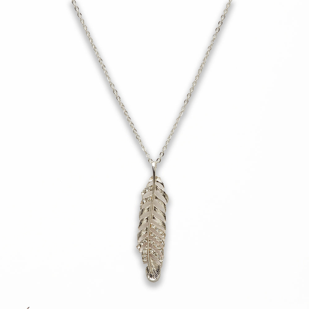 Zinc Alloy Crystal Rhinestone Silver Plated Feather Necklace