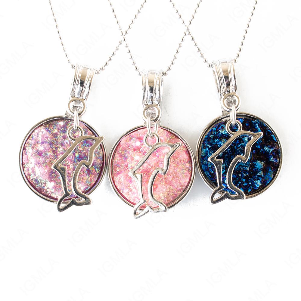 Zinc Alloy Multi, Blue, Pink Dolphin Silver Plated Charm Druzy Round Necklace