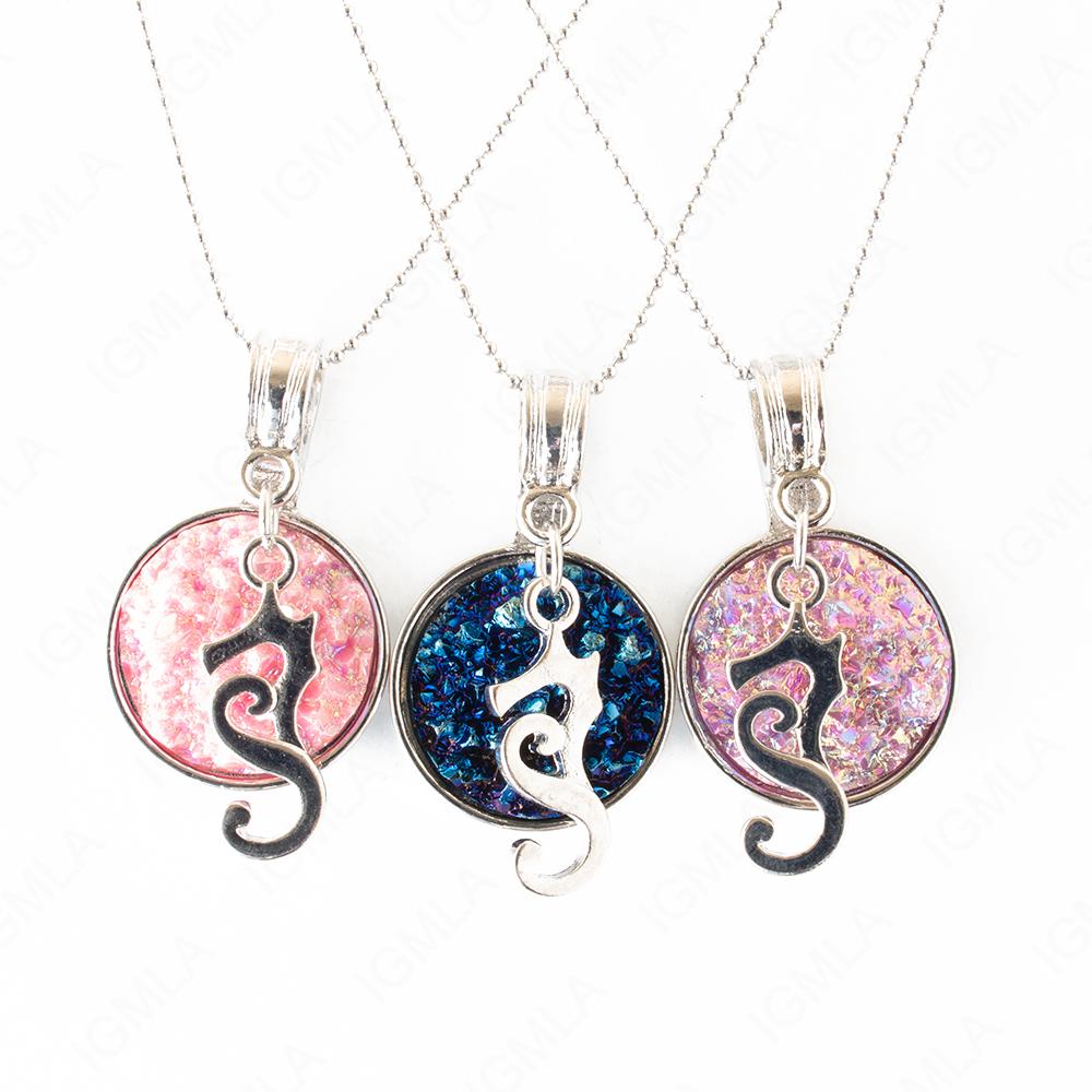 Zinc Alloy Multi, Blue, Pink Sea Horse Silver Plated Charm Druzy Round Necklace