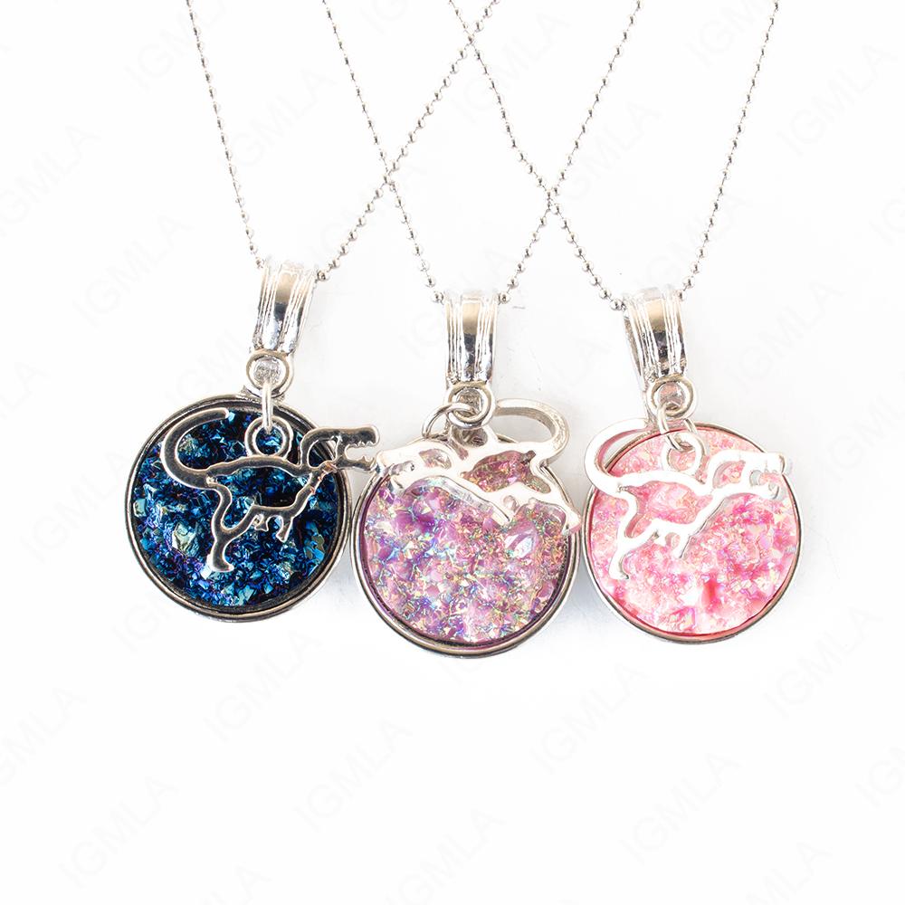 Zinc Alloy Multi, Blue, Pink Dinosaur Silver Plated Charm Druzy Round Necklace