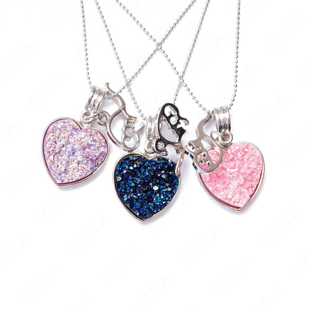 Zinc Alloy Multi, Blue, Pink Dinosaur Silver Plated Charm Druzy Heart Necklace