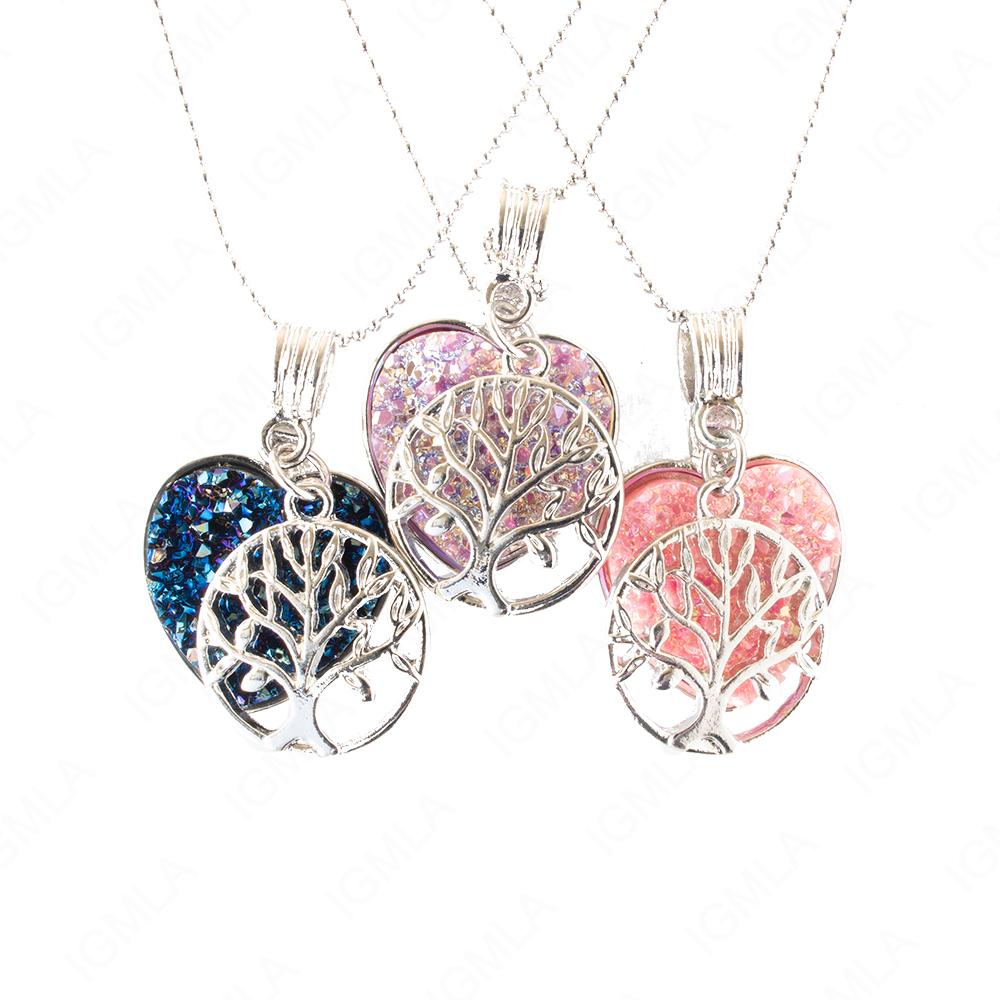 Zinc Alloy Multi, Blue, Pink Tree Of Life Silver Plated Charm Druzy Heart Necklace