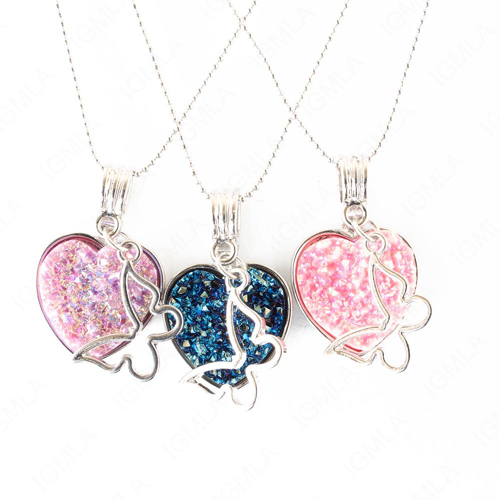 Zinc Alloy Multi, Blue, Pink Butterfly Silver Plated Charm Druzy Heart Necklace