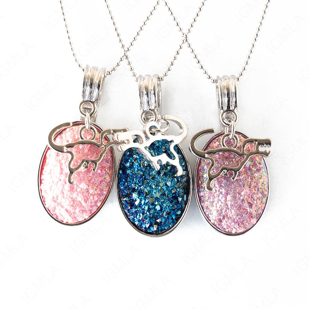 Zinc Alloy Multi, Blue, Pink Dinosaur Silver Plated Charm Druzy Oval Necklace
