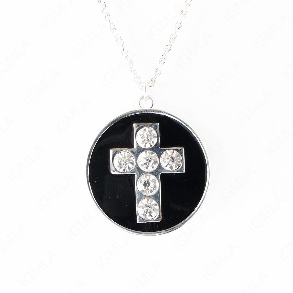 Zinc Alloy Black W Rhinestone Cross Silver Plated Round Necklace