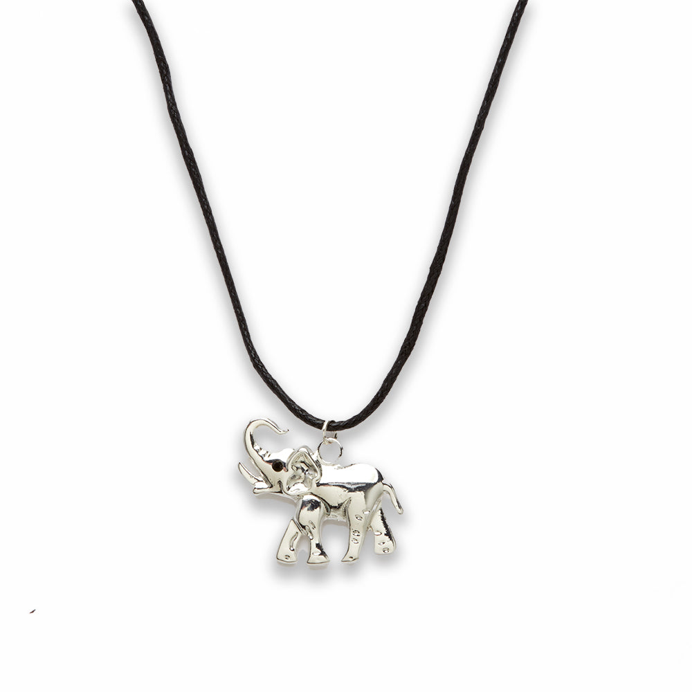 Zinc Alloy Silver Plated Black Cord Elephant Necklace