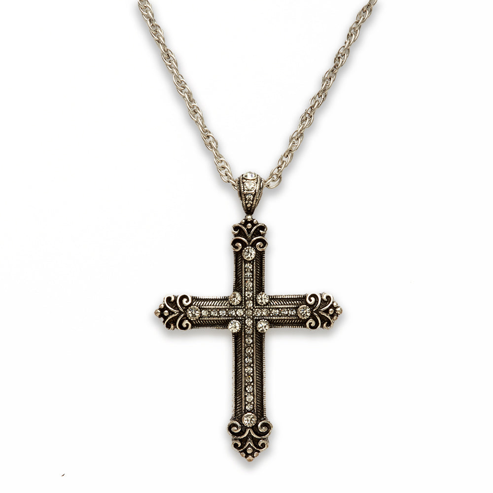 Zinc Alloy Crystal with Rhinestone in Rhodium Plated Cross Necklace