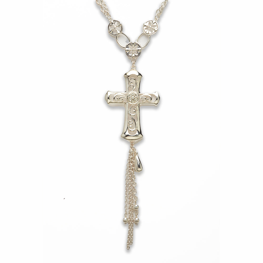 Zinc Alloy Silver Plated cross with flowers Necklace