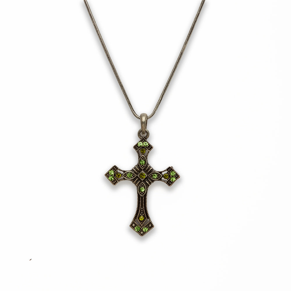 Zinc Alloy Green Rhinestone Gun Metal Plating Cross Necklace