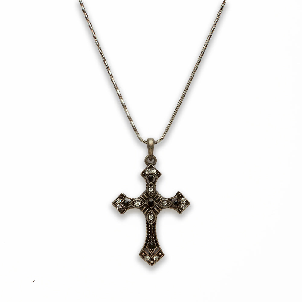 Zinc Alloy Clear, Black Rhinestone Gun Metal Plating Cross Necklace