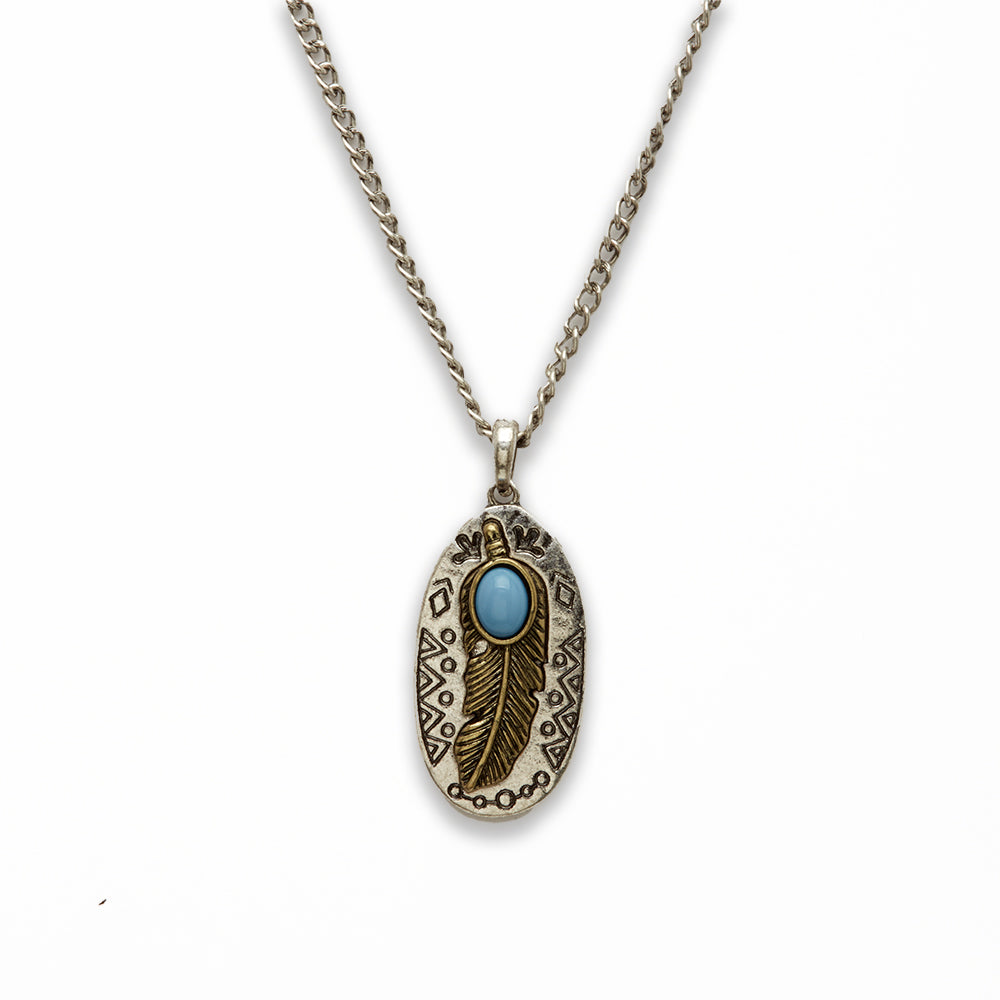 Zinc Alloy Syn Turquoise Cab W Antique Feather, Rhodium Plated Oval Necklace