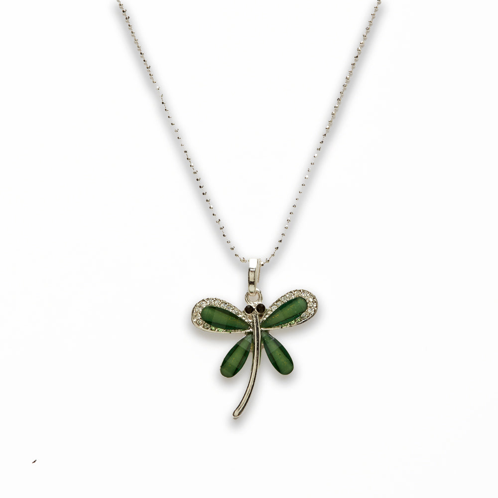Zinc Alloy Green Silver Plated Dragon Fly Necklace