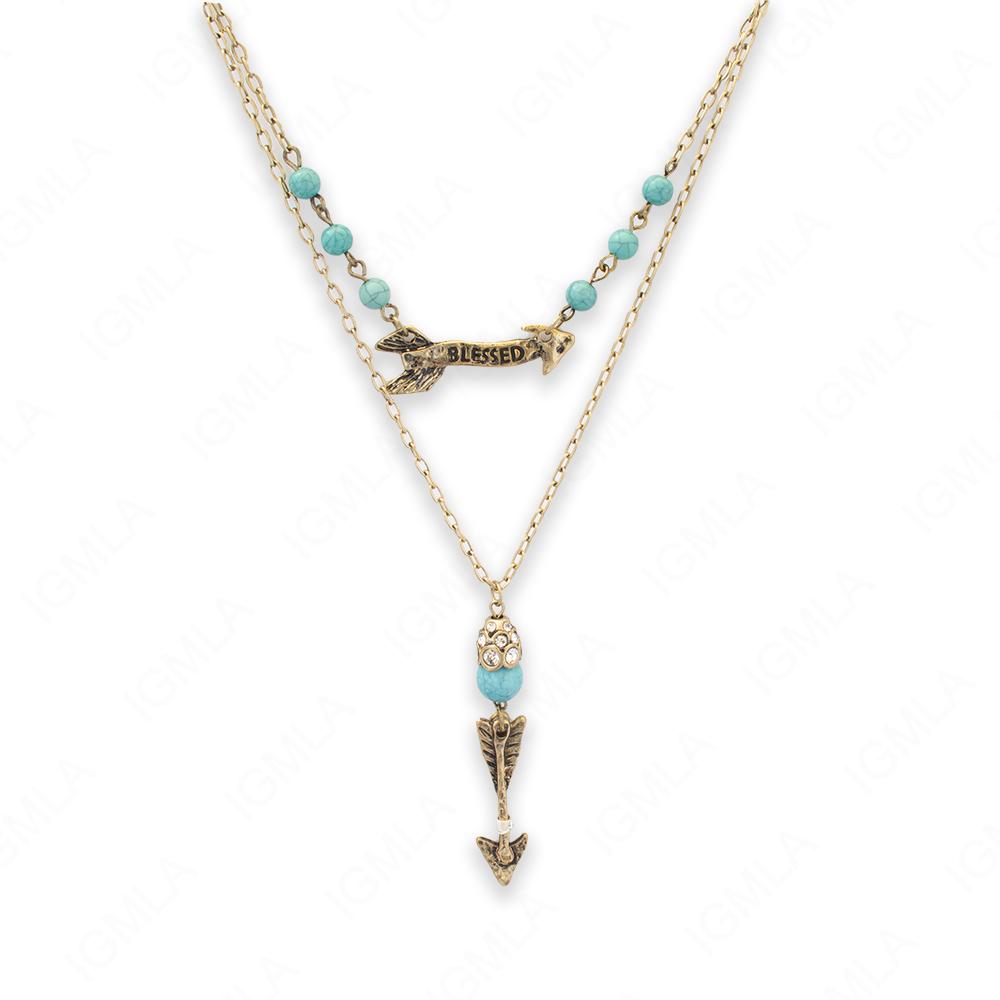 Zinc Alloy Syn Turquoise Round beads Antique Gold Arrowhead Necklace
