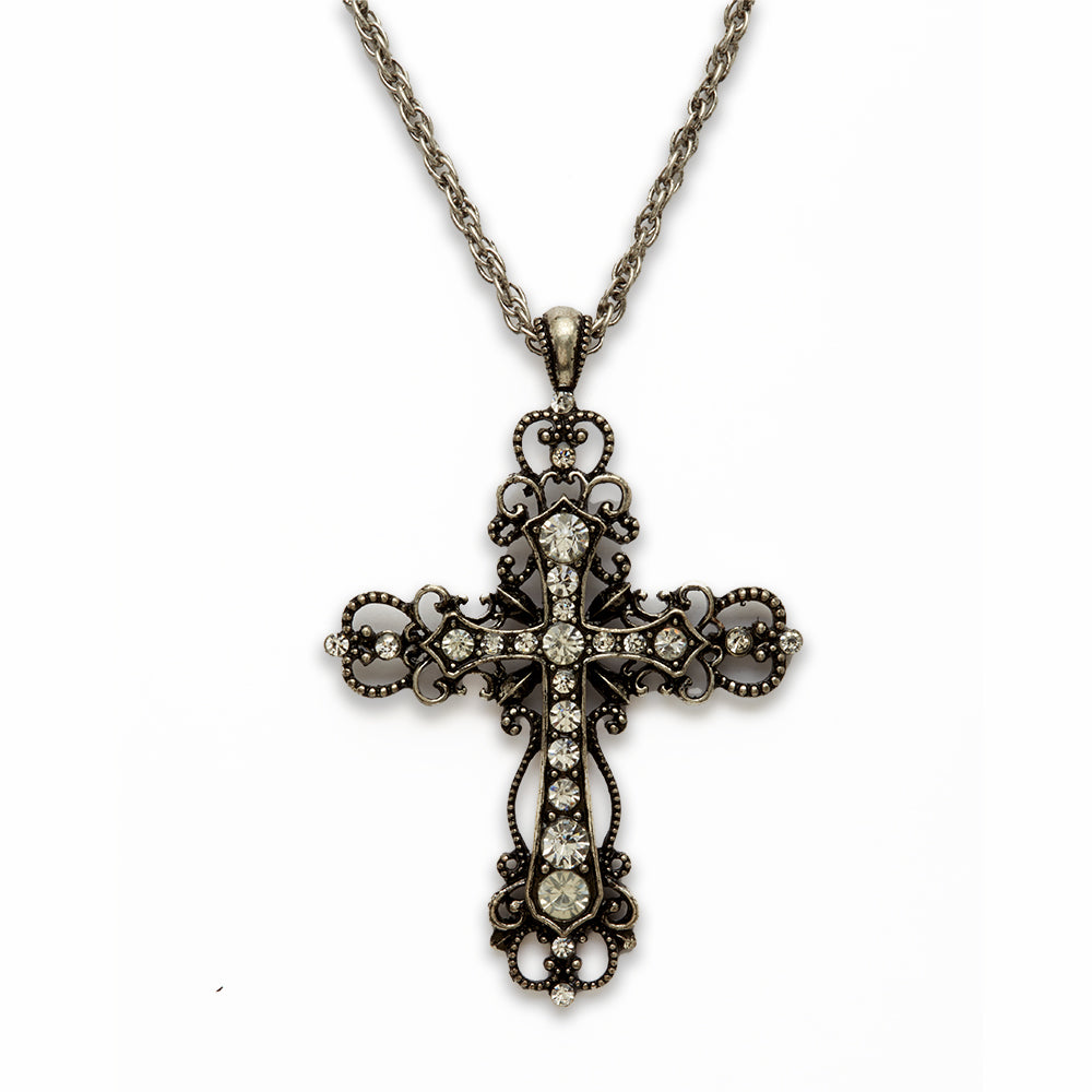 Zinc Alloy Clear Rhinestone Rhodium Plated CROSS Necklace