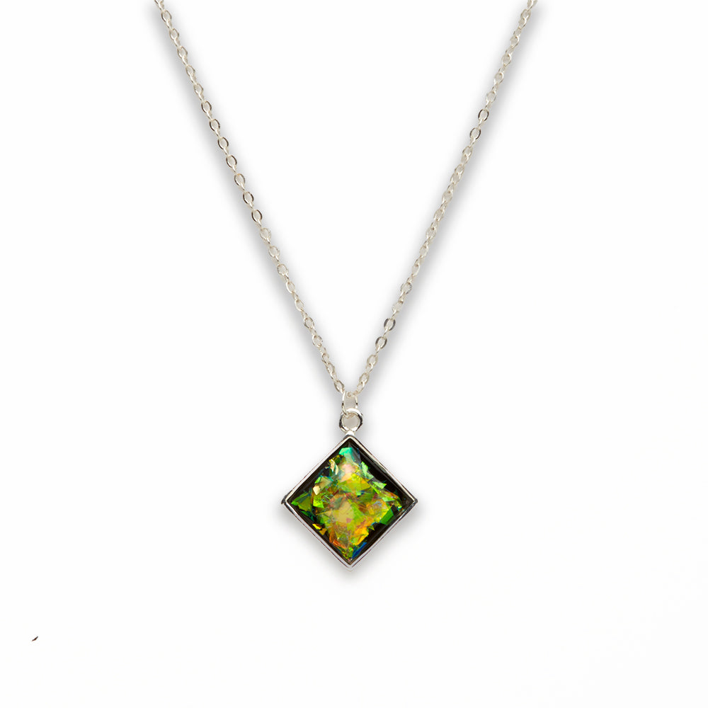 Zinc Alloy Small Green Silver Plated Rectangle Necklace