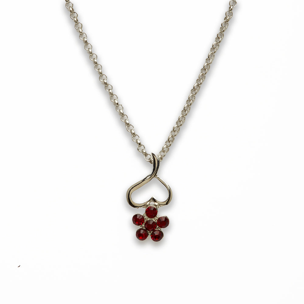 Zinc Alloy Red Rhinestone Silver Plated Flower Heart Necklace