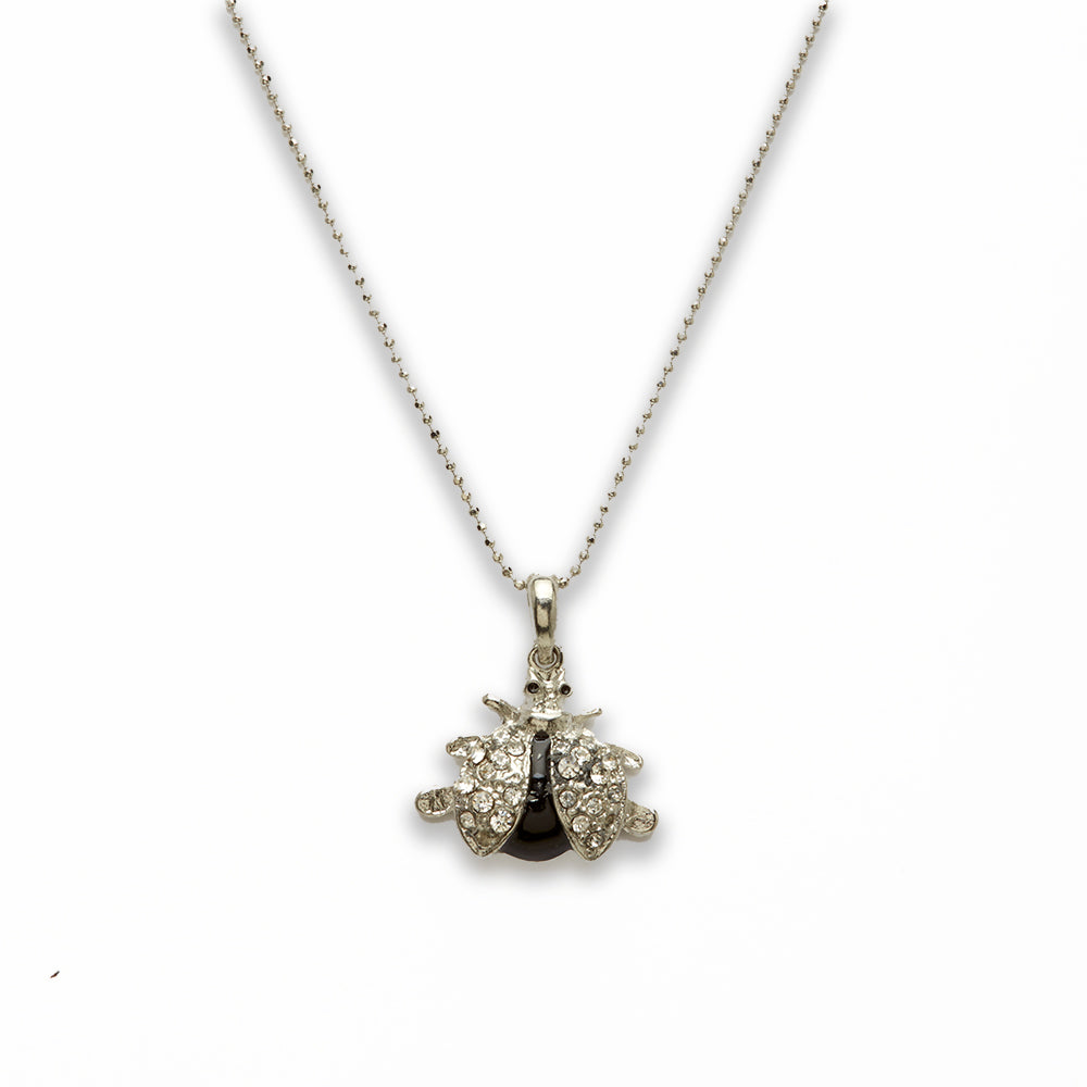 Zinc Alloy Clear Rhinestone W Black on Silver Plated Lady Bug Necklace