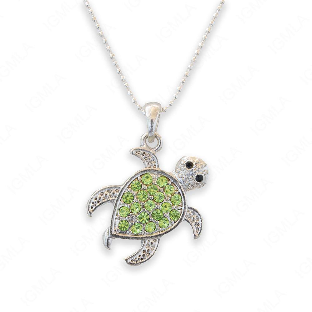 Zinc Alloy Green, Clear Rhinestones Silver Plated Turtle Necklace