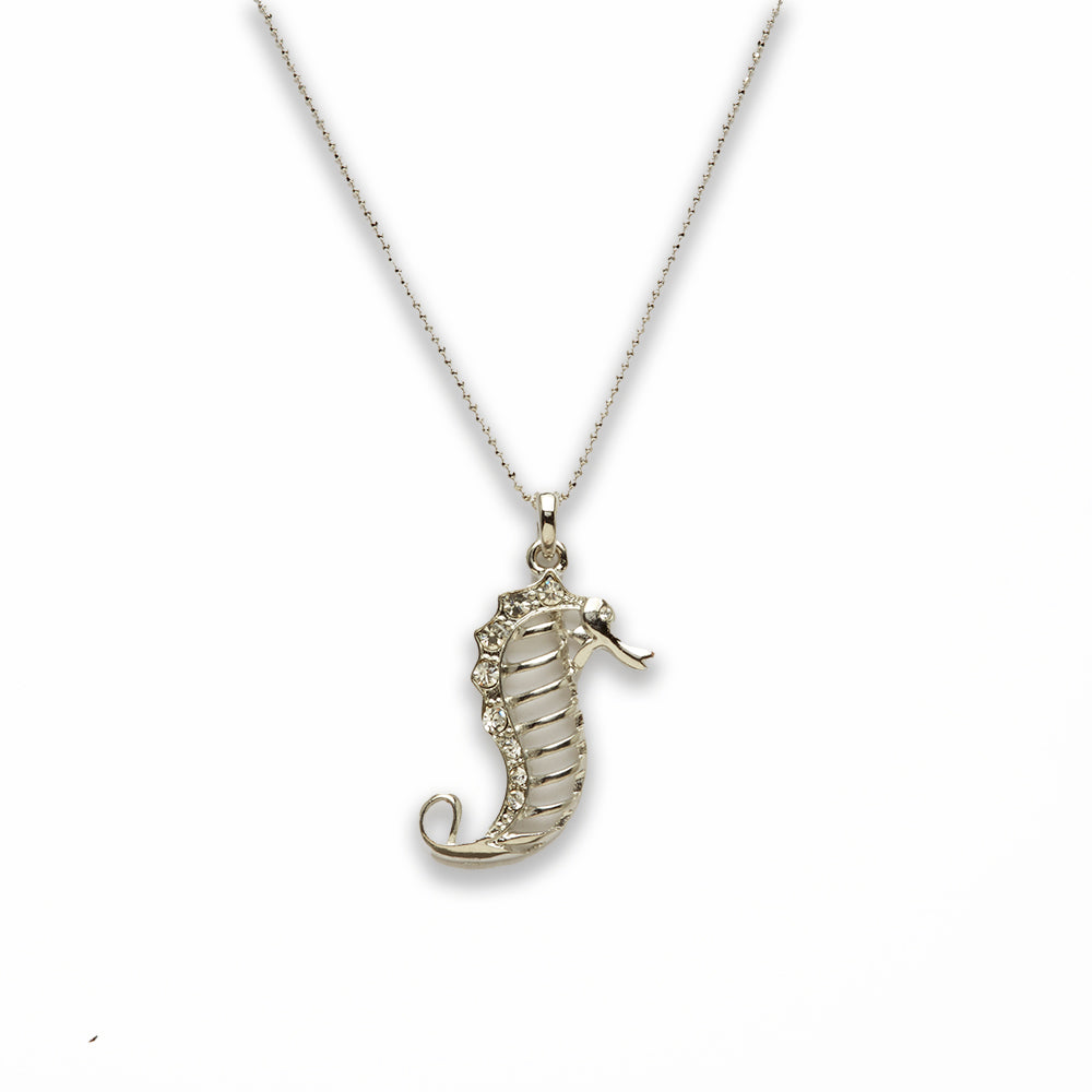 Zinc Alloy Clear Rhinestone Silver Plated Sea Horse Necklace