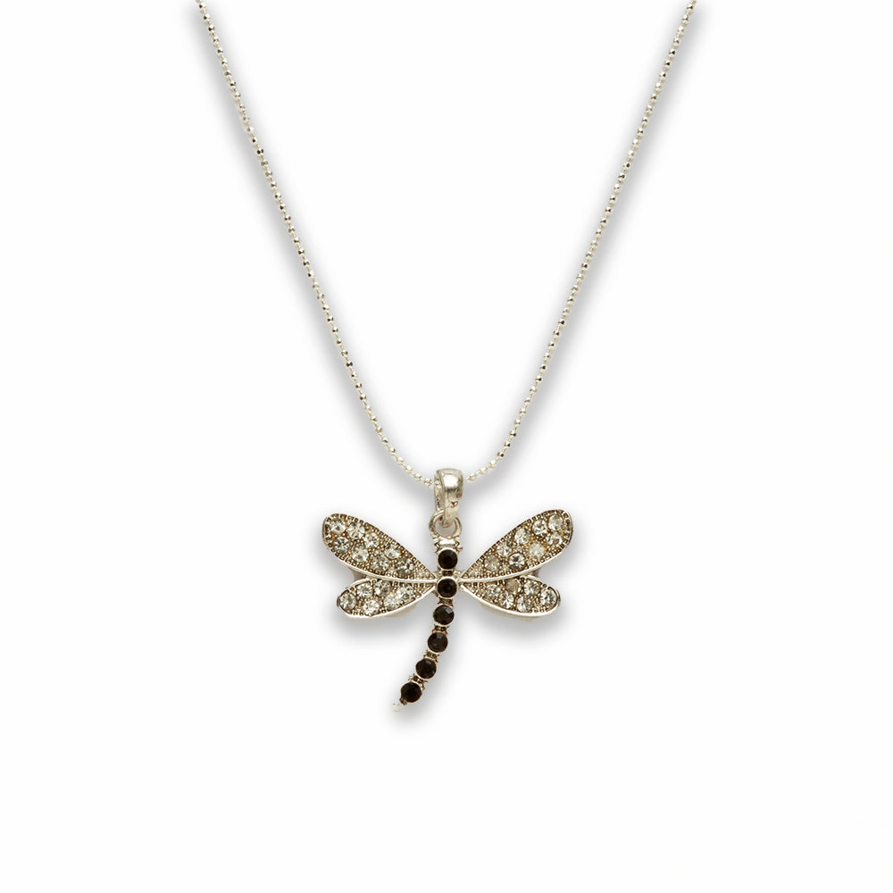 Zinc Alloy Clear, Black Rhinestone Silver Plating Dragon Fly Necklace