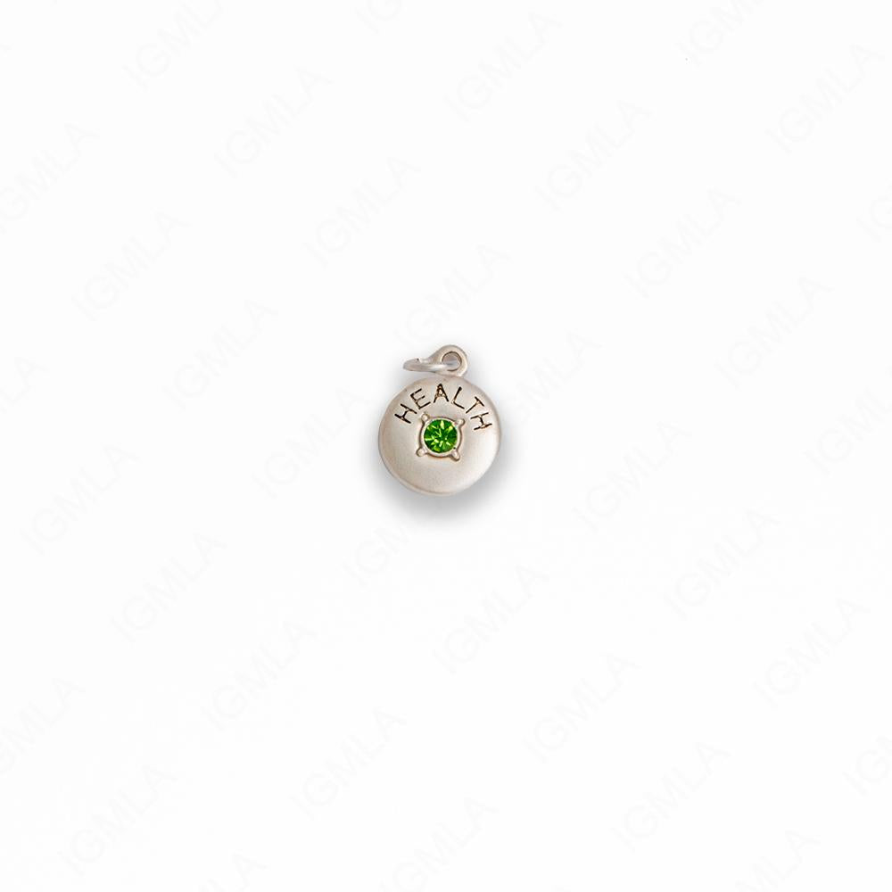 Zinc Alloy Green Rhinestone Silver Plated Health Coin Charm
