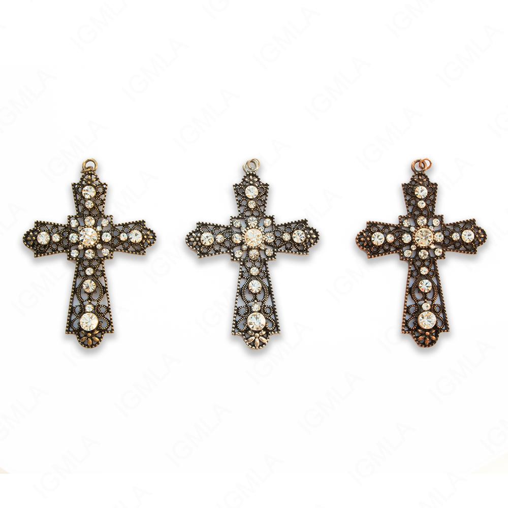Zinc Alloy Gold, Silver, Copper Burnished W Rhinestone Cross Pendants