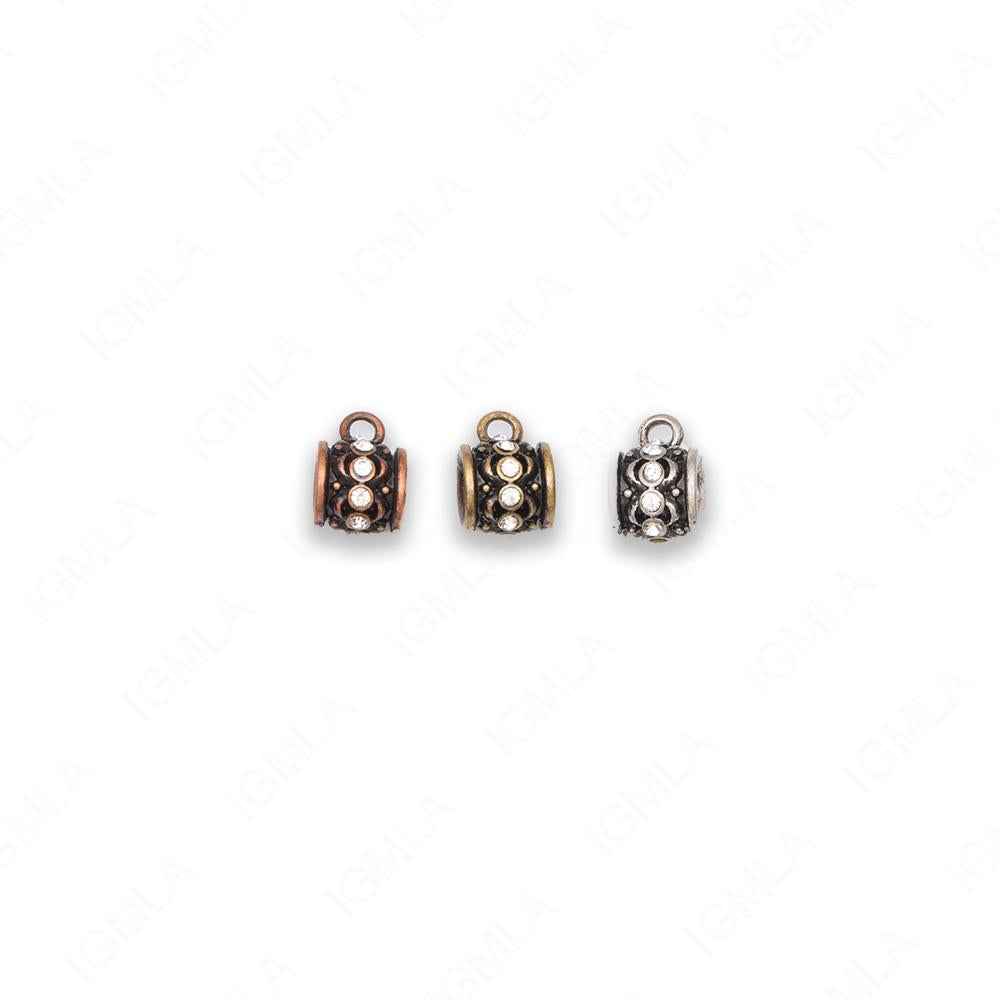 Small Zinc Alloy Gold, Silver, Copper Burnished W Rhinestone Barrel Pendants