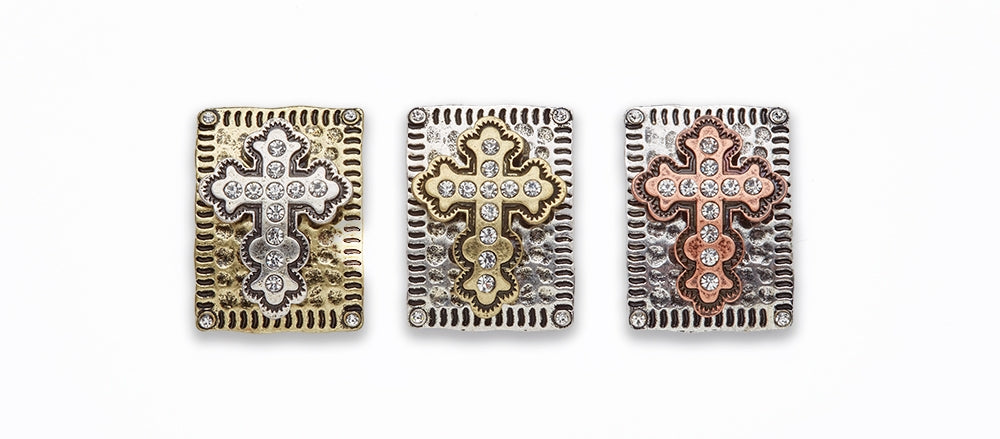 Zinc Alloy Gold on Silver, on Gold, Copper on Silver Cross w Rhinestones Rectangle Connector