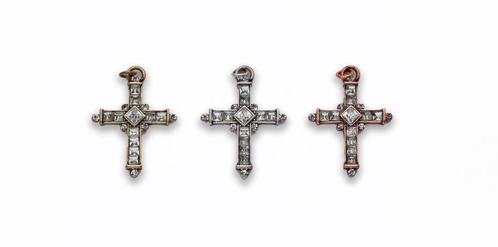 Zinc Alloy Burnish Gold, Silver, Copper w Rhinestone Cross Pendants