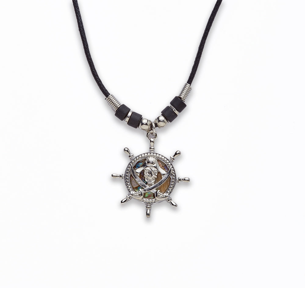 Zinc Alloy With Abalone Rhodium Plated w Black cord Pirates Wheel Necklace