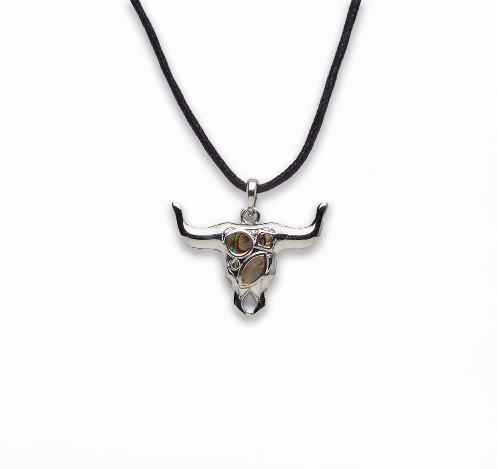 Zinc Alloy With Abalone Rhodium Plated w Black cord Animal Skull Necklace