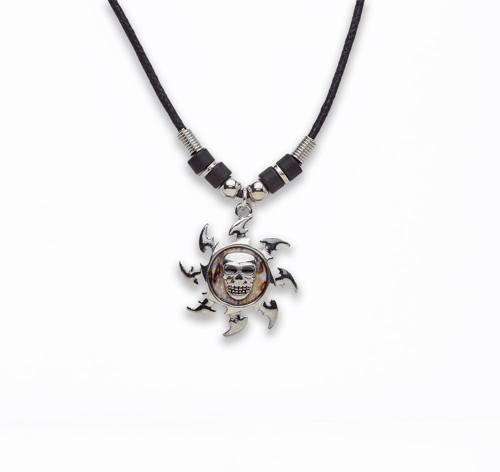 Zinc Alloy With Abalone Rhodium Plated w Black cord Sun Skull Necklace