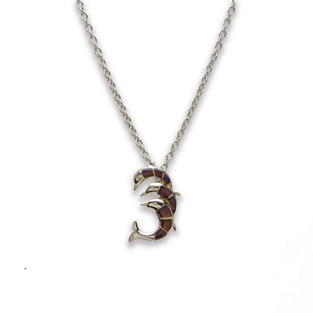 18 inch Zinc Alloy with Mood Stone Rhodium Three Dolphin Necklace