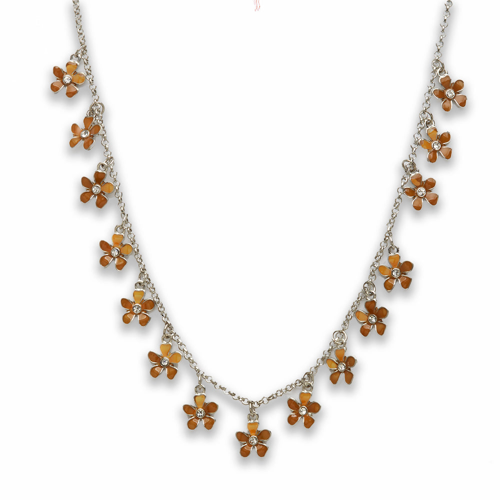 18 inch Zinc Alloy Rhodium with Brown Color Flower Charms Necklace
