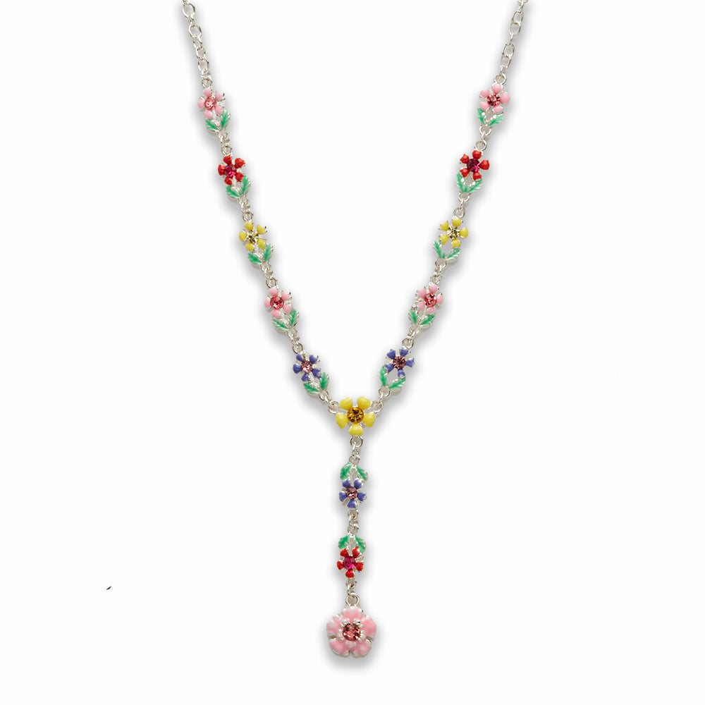 18 inch Zinc Alloy Silver Tone with Asstd Color Flower Charms Necklace