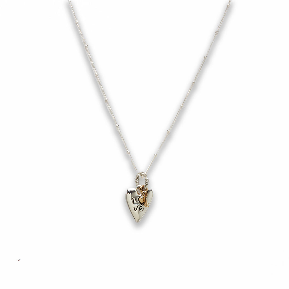 18 inch Zinc Alloy Rhodium with Gold Tone Heart with Love, Key Charm Heart with Love, Key Charm Necklace