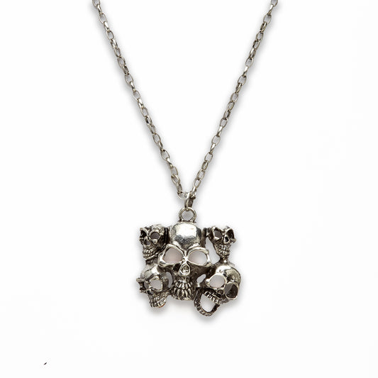 Zinc Alloy Silver Burnish Tone 5 Skull Necklace