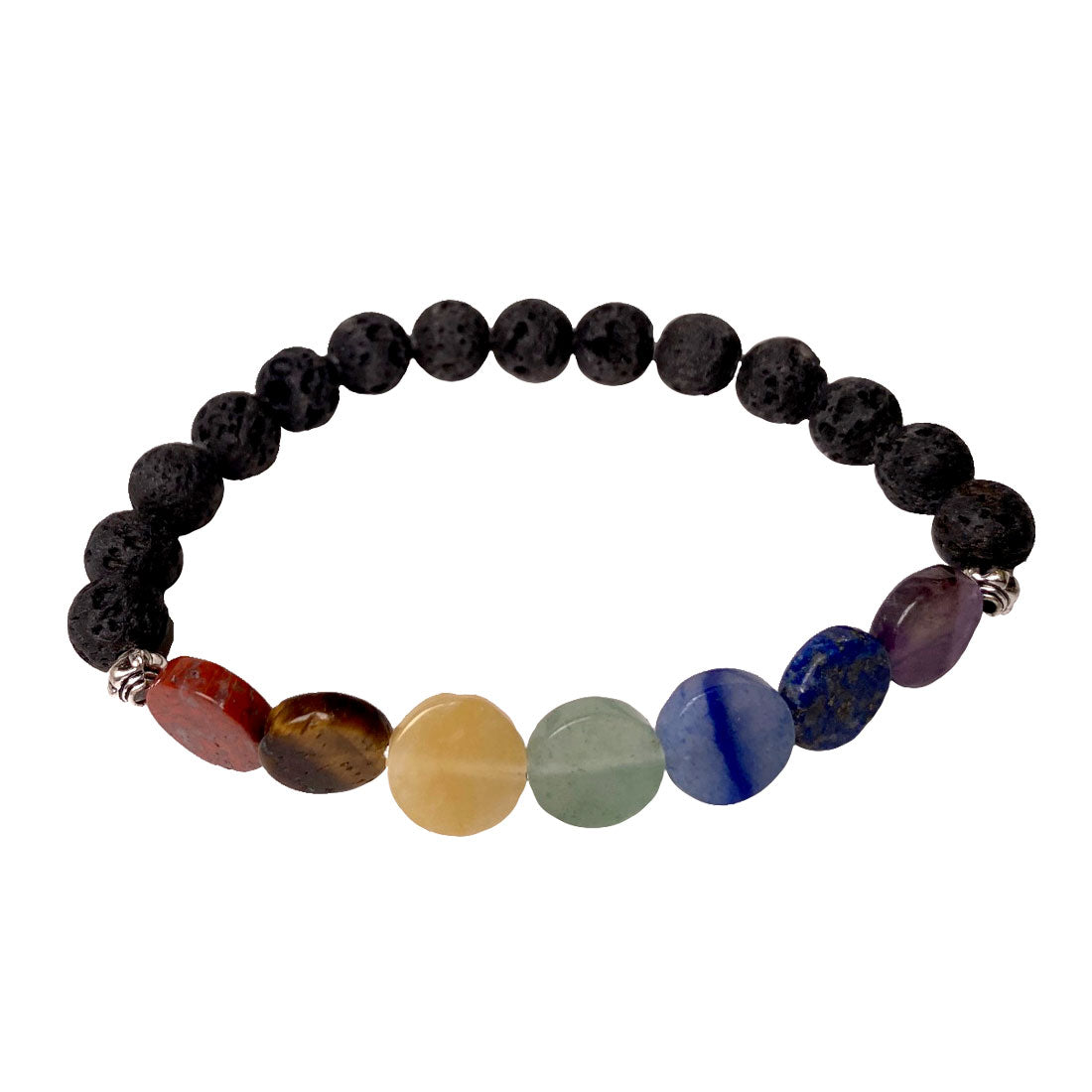 Seven stones of the chakras + Lava stone 8mm round & 10mm coin bead bracelet