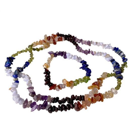 Seven stones of the chakras, chip bead bracelet and necklace set