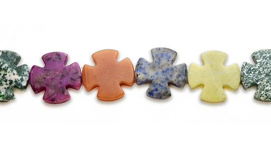 15-16 inch 30mm Multi Stone Round Cross Plain Beads