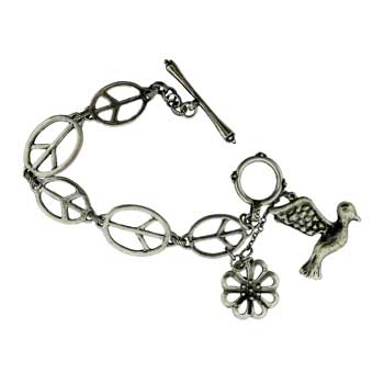 Zinc Alloy Burnished Silver Finish Oval Peace Sign Bracelets