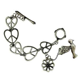 Zinc Alloy Burnished Silver Finish Heart Shape Peace Sign Bracelets
